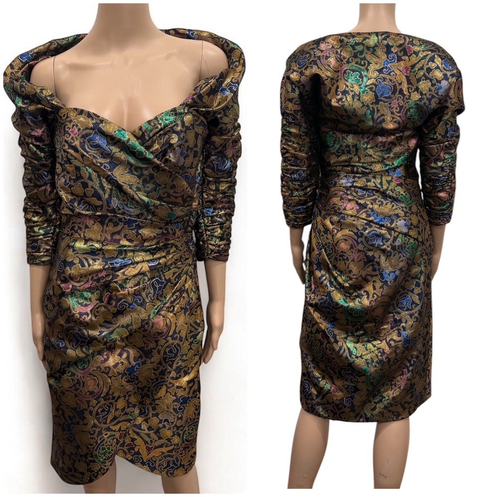 Vintage 80s Victor costa midi cocktail wedding dress jacquard black gold floral